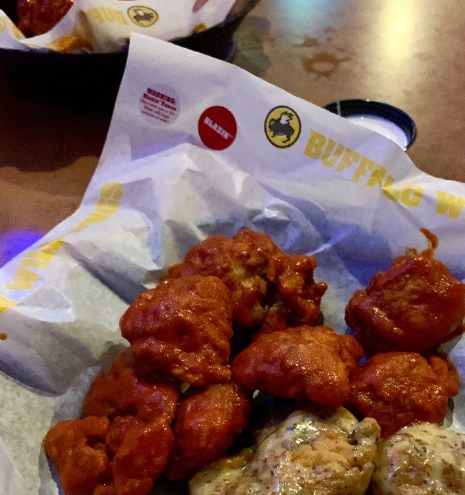 Boneless wings in Blazin sauce in a Buffalo Wild Wings basket