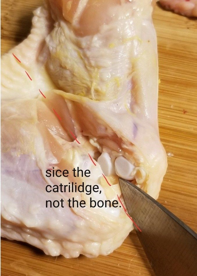 Knife tip at an opened wing joint, marked to slice the cartilage, not the bone