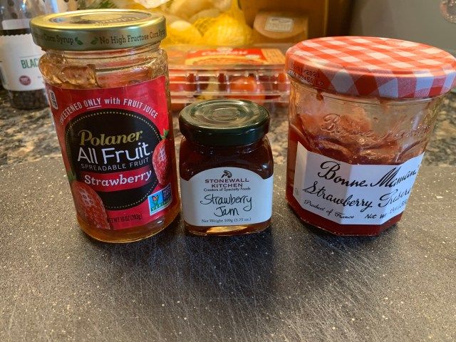 Polaner All Fruit spread, Stonewall Kitchen jam and Bonne Maman strawberry preserves